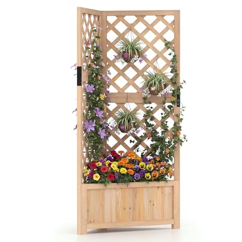 GOPLUS Jardinieres Exterieur avec Treillis en Bois, Jardinière d’Angle en Treillis Surélevée, Trous de Drainage, Bac à Fleurs, Plantes, 55x55x140 CM...