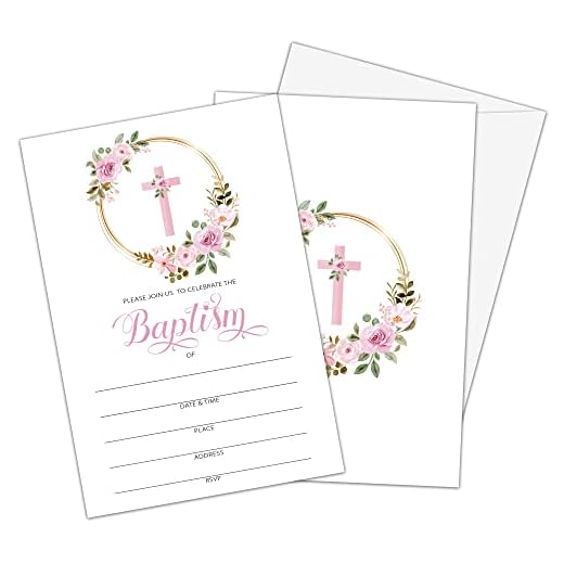 Pink Floral Baptism Invitations with Envelopes - Religious Christening Ceremony Celebration Invites – Confirmation – First Communion - 25 Invitation Cards With 25 Envelopes (004A)