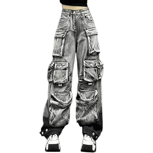 Gothic Y2K Streetwear Women's Cargo Jeans - Multi-Pocket Gradient Denim Pants, Hip-Hop Fashion