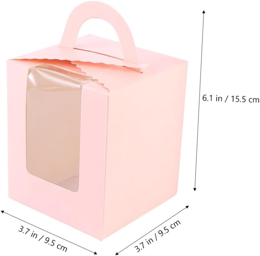 50pcs Pink Paper Cake Box with Window and Handle, Single Muffin Cupcake Holder, Portable Dessert Container for Party and Wedding