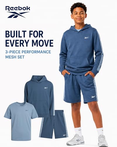 Image of Reebok Boys Active Shorts Set - 2 Piece /3 Piece Athletic Performance Stretch Hoodie Sweatshirt Gym Shorts and Shirts for Boys