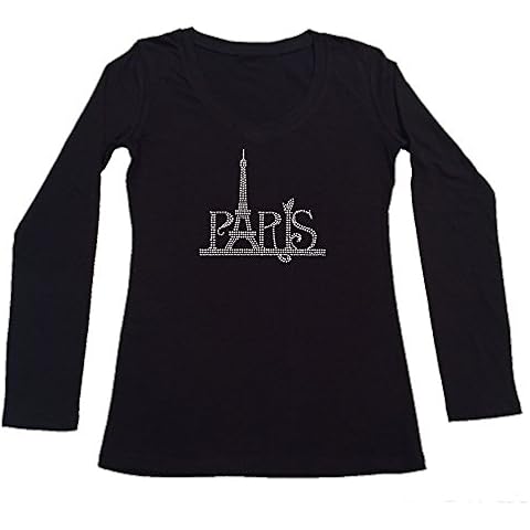 Women's Rhinestone Fitted Tight Snug Shirt Paris Eiffel Tower (Black Long Sleeve, Medium) Cover