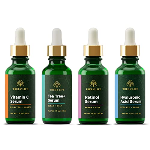 Tree Of Life Serums: Ultimate Skincare Bundle - Vitamin C, Tea Tree, Retinol, Hyaluronic Acid Serum - 4-Piece Set Brightening Dark Spot, Smooth Dry & Sensitive Skin, Anti-Aging, Wrinkles #TOP26