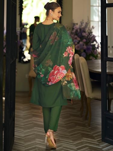 Image of INDO ERA Women's Silk Blend Floral Embroidered Thread Work Kurta & Pant with Dupatta Set (IEOUT13230)