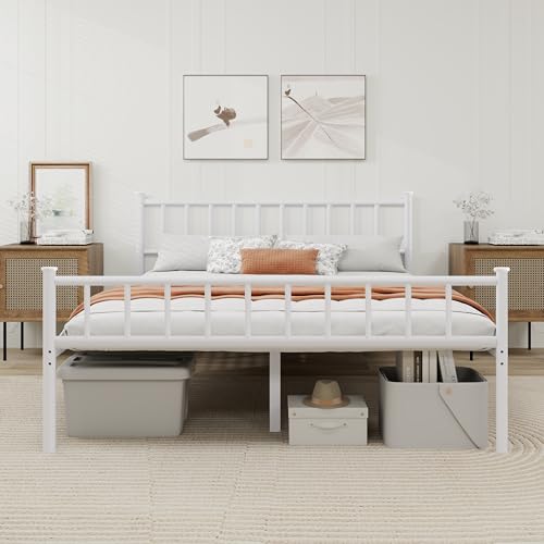 WJORATA Metal Platform Full Bed Frame with Headboard Sturdy Steel Slats Support No Box Spring Needed Easy Assembly White