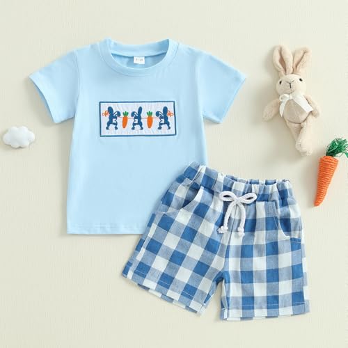 Image of Toddler Baby Boy Easter Rabbit Outfit Short Sleeve Bunny Carrot Smocked T-shirt Elastic Waist Shorts Summer Clothes