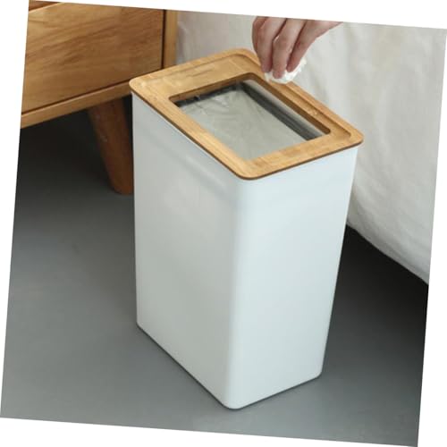 Bote de basura minimalista con tapa de madera blanco rectangular miniatura 2