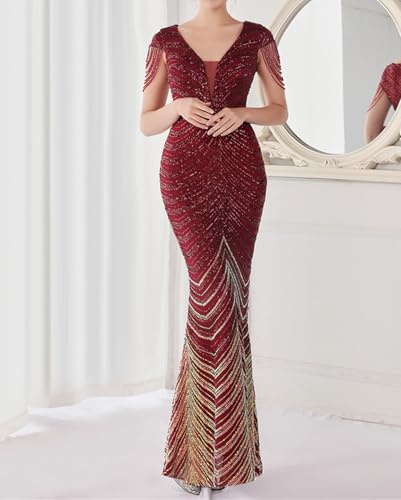 Image of houstil Formal Dresses for Women Sequin 1920s Full Length Evening Party Gown Great Gatsby Cocktail Wedding Dress