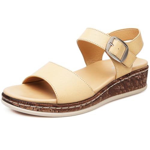 DimaiGlobal Sandalias Mujer con Punta Abierta y Cuña de Verano para Caminar Sandalias con Plataforma Soporte Plantar y Ajuste Seguro con Hebilla 39EU Beige