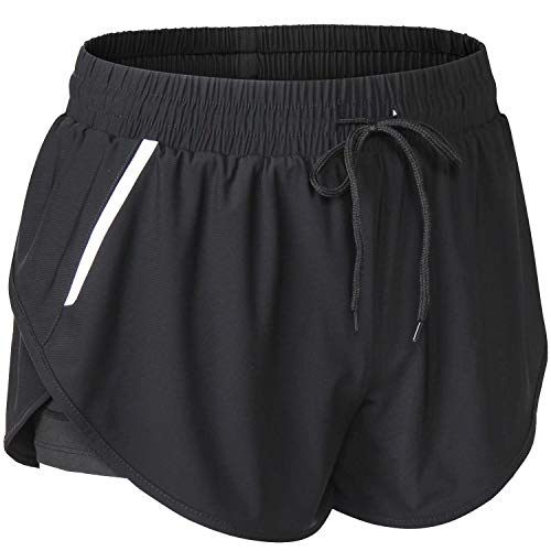 Sillictor Pantalones cortos de correr para mujer 2 en 1 pantalones cortos de gimnasio para mujer, yoga, entrenamiento, trotar, ciclismo, alta absorción, berathable 92402 negro L Cover
