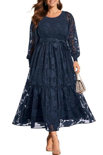 Pinup Fashion Plus Size Fall Wedding Guest Long Sleeve Navy Blue Maxi Dress