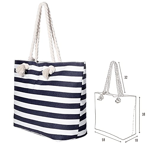 MASADA Large beach bag water resistant with zip Striped dark blue, XXL - Image 2