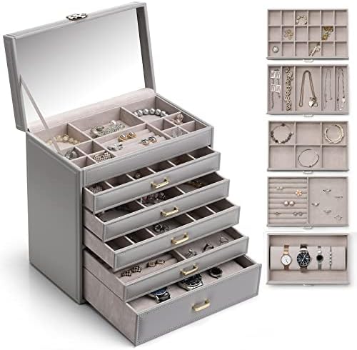 Vlando Large Jewellery Box, 6 Layers Jewelry Case with Big Mirror & Luxury Metal Fitting, Faux Leather Display Box for Bracelets Earrings Rings Necklaces Watches, Gift Idea (Grey)