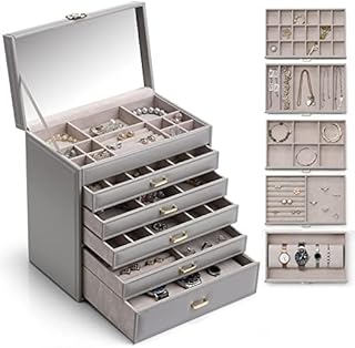 Vlando Large Jewellery Box, 6 Layers Jewelry Case with Big Mirror & Luxury Metal Fitting, Faux Leather Display Box for Bracelets Earrings Rings Necklaces Watches, Gift Idea (Grey)