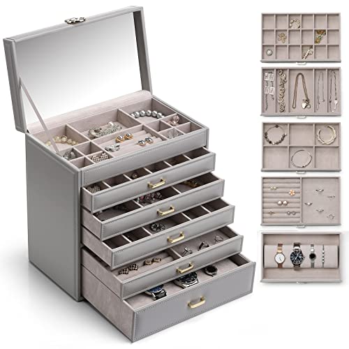 Vlando 6 Tier Large Jewellery Box for Women - Big Jewelry Organiser with Mirror, Jewelry Box Organizer for Drawer Necklace Ring Bracelet and Watch,Gift for Loved Ones, Grey