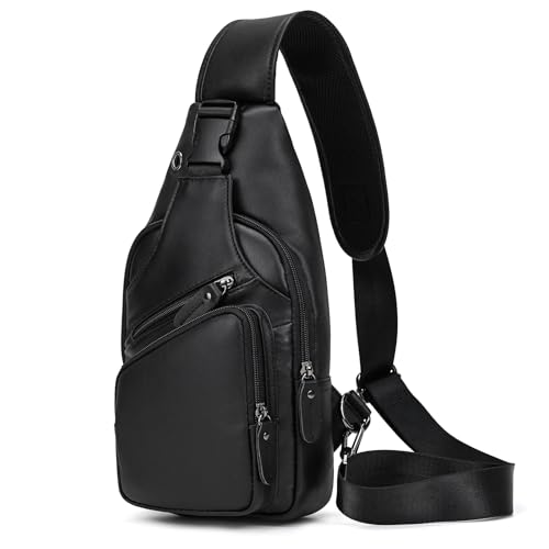 Sac de Poitrine Homme en Cuir Veritable Sacoche à Bandoulière Sacs a dos porté épaule Travers Pochettes des Sport Affaires Voyage, 9455 noir
