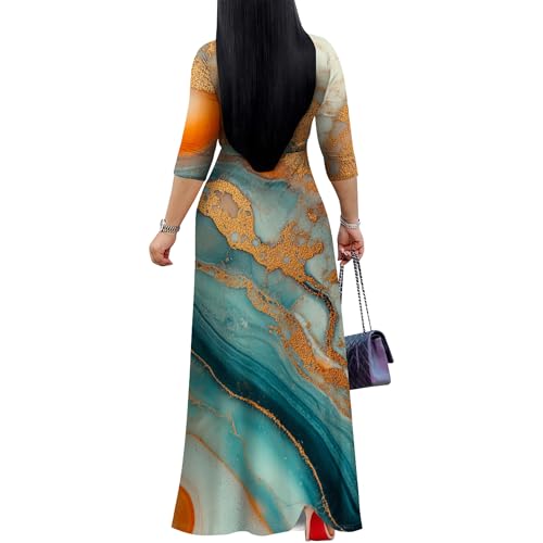 Image of PinkPatty Women's Print Maxi Dresses 3 /4 Sleeve Flowy Long Dress V Neck Wrap Tie Waist Sundress