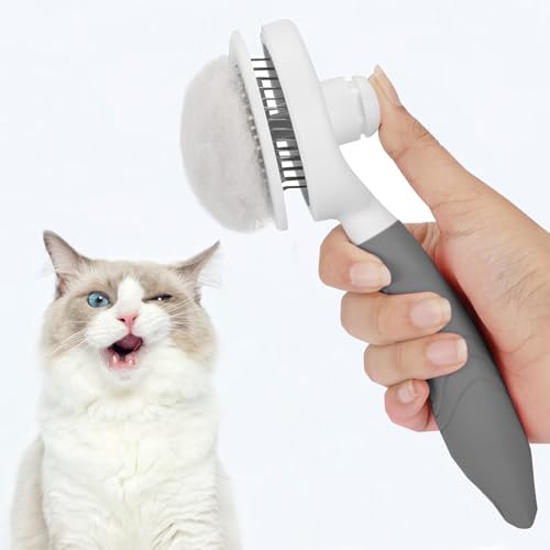 Self Cleaning Slicker Brush - Cat Brush Skin-Friendly Deshedding Grooming Massaging Tool for Long & Short Haired Pets, Cat Hair Brushes Easy Removes Undercoat for Dogs Cats Rabbits-UPGRADED, Gray