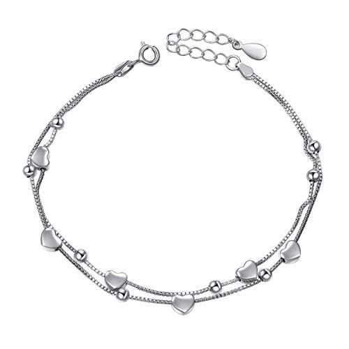 S925 Sterling Silver Jewelry Forever Love Heart Beads Double Chain Bracelet Friendship Adjustable Charm Bracelet Gift for Women Girls
