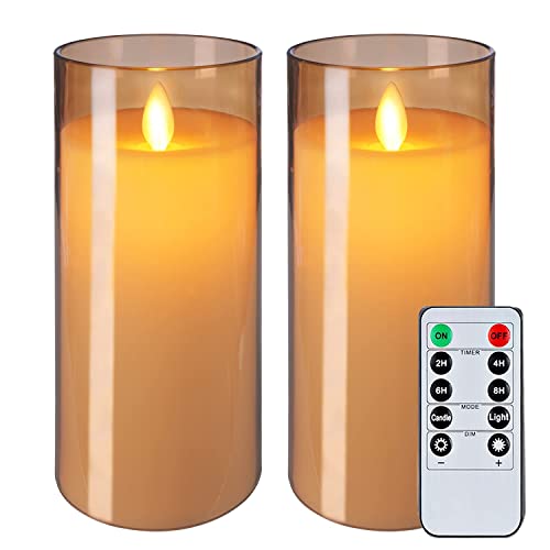 Image of Flameless LED Candle Set of 2 | Acrylic Fiber Glass | Flickering Wick Effect | Remote Control with Battery Operated 3 AA | Home Decor & Gifting | 3 inch D x 6 inch H | Gold