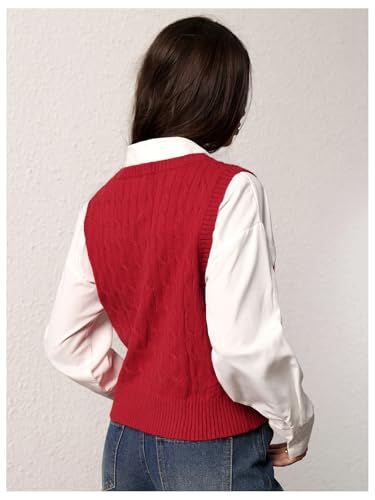Image of BEAUDRM Women's Embroidery Cable Knit Sweater Vest V Neck Knitted Casual Sleeveless Sweater Pullover Top
