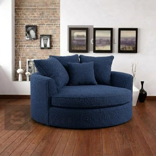 Image of SOFALIZE - Modern Barrel Accent with Pillows Round Sofa Oversize Arm Chair Cozy Club Chair for Bedroom, Living Room, Lounge, Hotel & Office, Hallways Blue Boucle