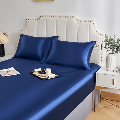 JHCHMX Double Fitted Sheet Navy Blue, Deep Pocket (35cm) Soft Polyester Satin Bed Sheet - Image 4