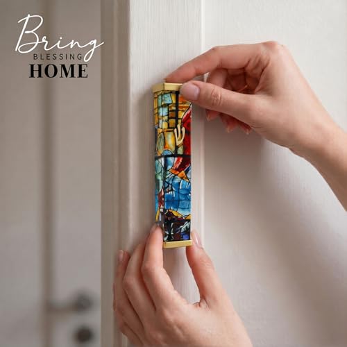 Image of SURI Mezuzah with Scroll for Door | 5 Inch Modern Aluminum Mezuzah Case | Fits 4 Inch Scroll | Gold & Silver Chagall-Inspired Design | Self Adhesive Easy Install | Judaica Jewish Gift