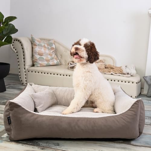 4L Textil Teo Kuscheliges Hundebett Bezug abnehmbar und waschbar Hundekorb mittelgroße Hunde Hundekissen flauschig Hundekörbchen Hundesofa (80x60 cm, Braun/Beige)