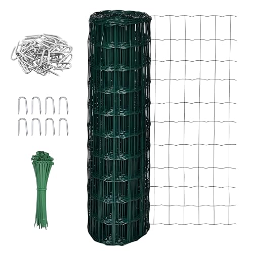 Image of Garden Mile Green PVC Coated Wire Mesh Fencing Roll 10m x 0.9m - 10x5cm Rectangular Mesh Chicken Wire Garden Fence for Plant Protection Includes 100 Cable Ties & U Nails Heavy Duty Stock Fencing
