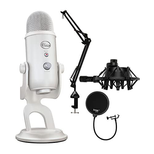 Blue Microphones Yeti USB Microphone (White Mist) Bundle with Desktop Boom Arm Microphone Stand, Shock Mount and Pop Filter (4 Items)