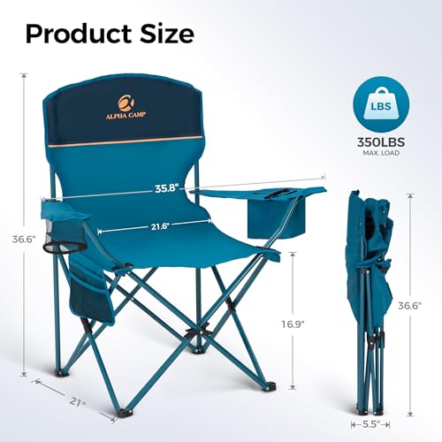 ALPHA CAMP Camping Chairs 250LBS Capacity, Heavy Duty Folding Chair with 4-Can Cooler Bag, Portable Outdoor Chair with Cup Holder for Adults, Collapsible for Tailgating, Beach, Fishing,Black,Blue - view 2