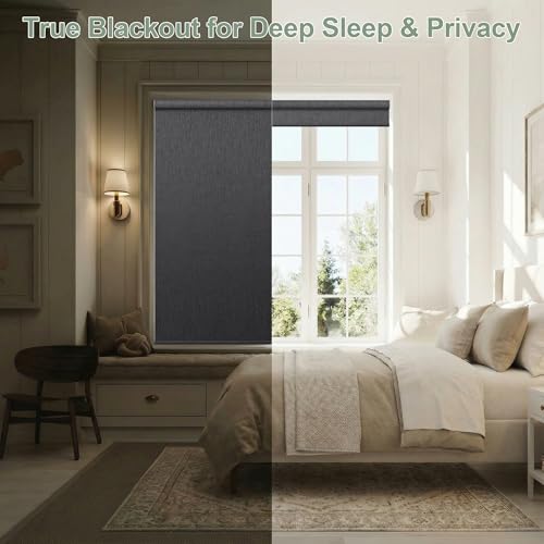Zshine Motorized Blackout Window Blinds Customize Width (23-95 Inches) Remote Control Wireless and Rechargeable Roller Shades Blinds for Windows, Home, Office, Hotel, Club, Restaurant(82164E)