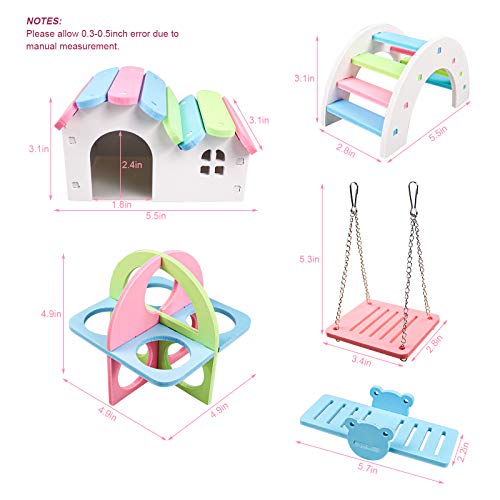 Dwarf Hamsters House DIY Wooden Gerbil Hideout Rainbow Bridge Swing and PVC Seesaw, Pet Sport Exercise Toys Set, Sugar Glider Syrian Hamster Cage Accessories, Suitable for Small Animal Habitat - Thumbnail 2