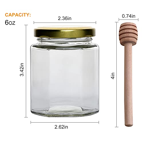 Woaiwo-q 6 oz Hexagon Glass Honey Jars, 25 Pack Glass Jars with Golden Lids,Wooden Honey Sticks,Bronzy Bee Pendants,Small Tags,15m Jute Twine -Clear Hexagon Jars for Honey,Jams, Liquid.