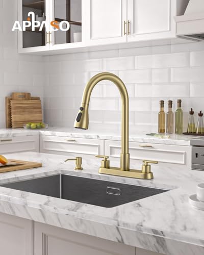 Image of APPASO 2 Handles 4 Hole Kitchen Faucet with Pull Down Sprayer Brushed Gold | Gold Kitchen Faucets with Soap Dispenser, Modern High Arc Stainless Steel for 3 & 4 Hole Sinks, Spot Free, Easy to Install