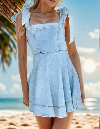 Women’s Summer Tie Shoulder Sleeveless Denim Mini Dress Ruffle A Line Swing Short Denim Dress3