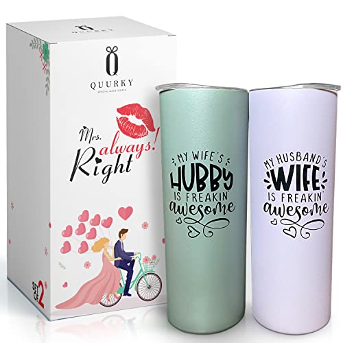 QUURKY Cute Stainless Steel Skinny Tumblers Gift Set, Double-Insulated Cup With Lids, Straws and Brush | Perfect for Wife, Hubby, Engagement Parties, Anniversaries, Weddings, Bridal Showers, Set of 2