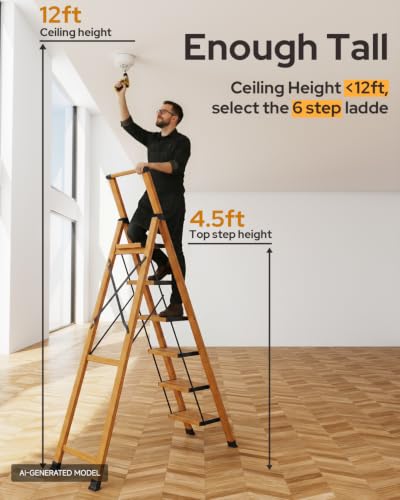 Image of 6 Step Ladder for 12ft High Ceiling, Lightweight Aluminum Folding Step Stool with Convenient Handgrip, Stepladders with Anti-Slip and Wide Pedal for Home and Kitchen Use - Woodgrain (300 lbs)