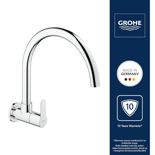 Image of Grohe BauEdge Single-Lever Sink Tap | Wall Mounted Kitchen Sink Tap | Cold-Only Single Lever Faucet with Swivel Tubular Spout | Chrome Finish | 10 Year Warranty | 31228000