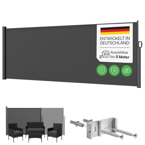 STEELSØN Zirella Seitenmarkise 200x500 cm – Windschutz ausziehbar – Sichtschutz Terrasse/Garten/Balkon – Außen Rollo Anthrazit Blickdicht – Sonnenschutz mit Wandhalterung – Wandmarkise aus Aluminium
