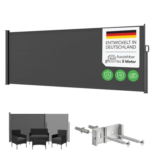 STEELSØN Zirella Seitenmarkise 200x500cm – Windschutz ausziehbar in Anthrazit – Markise wetterfest – Sichtschutz – Seitenrollo mit Wandhalterung – Sonnenschutz Blickdicht – Wandmarkise aus Aluminium