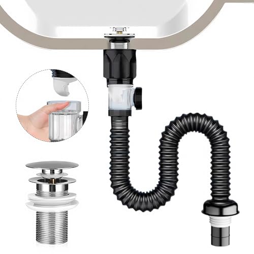 Kitchen Sink Waste Kit Pop Up Waste with Flexible Waste Pipe Universal Bathroom Sink Waste Odour Proof and Leakproof Basin Waste for Bathroom Sinks (Black)