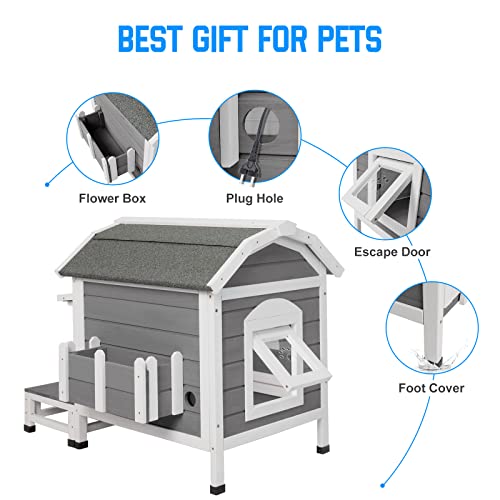Petscosset Cat House Outdoor Kitty Shelter Indoor Wooden Feral Kitten House With Platforms, Escape Door, Flower Box, Pull-Out Tray #TOP5