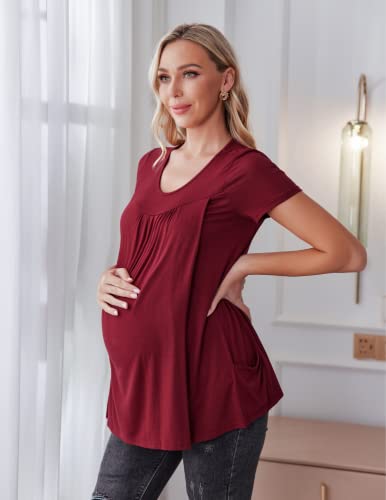 Ekouaer Maternity Shirts Nursing Tops For Breastfeeding Cotton Short Sleeve Maternity T-Shirts With Pockets O-Neck Pregnancy Tees Wine Red Small #TOP2