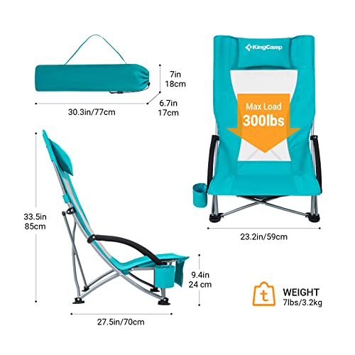 Kingcamp Low Folding Beach Adults,Portable Lightweight High Back Sling Headrest,Cup Holder,Carry Bag Armrest,Foldable Chair For Sand Camping Concert Travel,300Lbs, Highback Cyan #TOP1