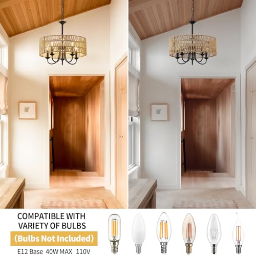 Webfkh 7057-5BK Modern Farmhouse Rattan Chandelier,5-Lights Large Boho Pendant Light Fixtures Ceiling thumb #5