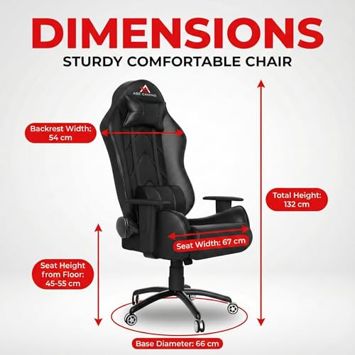Image of ASE GAMING Gold Series Ergonomic Gaming Chair Premium PU Leather, Adjustable Neck & Lumbar Pillow, 180 Degree Recline with Black Metal Base with 3 Years Warranty (Black)