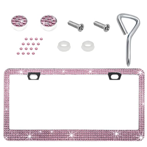 Sbulhia Bling License Plate Frame, Lastingly Sparkly License Plate Holder with Diamond Crystal Caps, Obstruction-Free Stainless Steel Glitter Car Tag Cover for Most Vehicles (Light Pink)