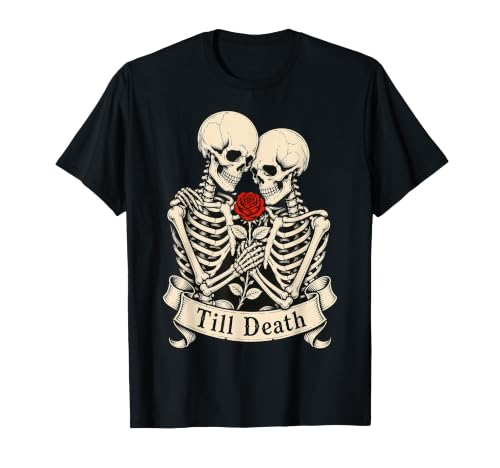 Image of Till Death Skeleton Couple Rose Skull Gothic Love Part T-Shirt